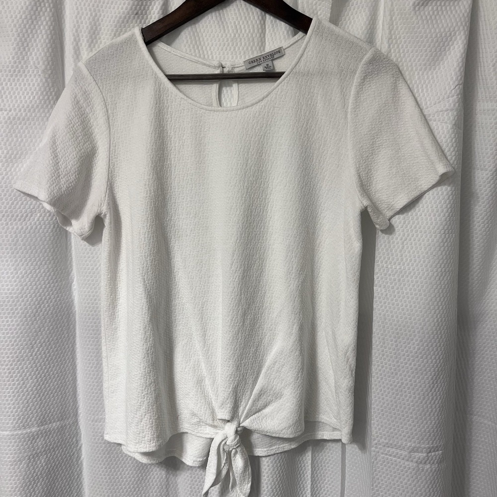 Green Envelope Top SS Women's M Ivory Front Tie Textured Stretch Beach Resort EC